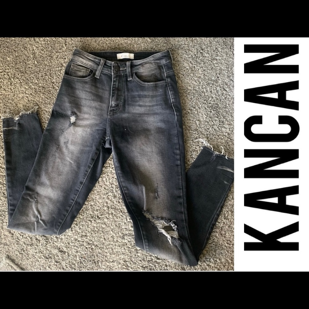 KanCan Grey Distressed Raw Hem Jeans size 25 Kurvy Mid Rise Skinny Jeans